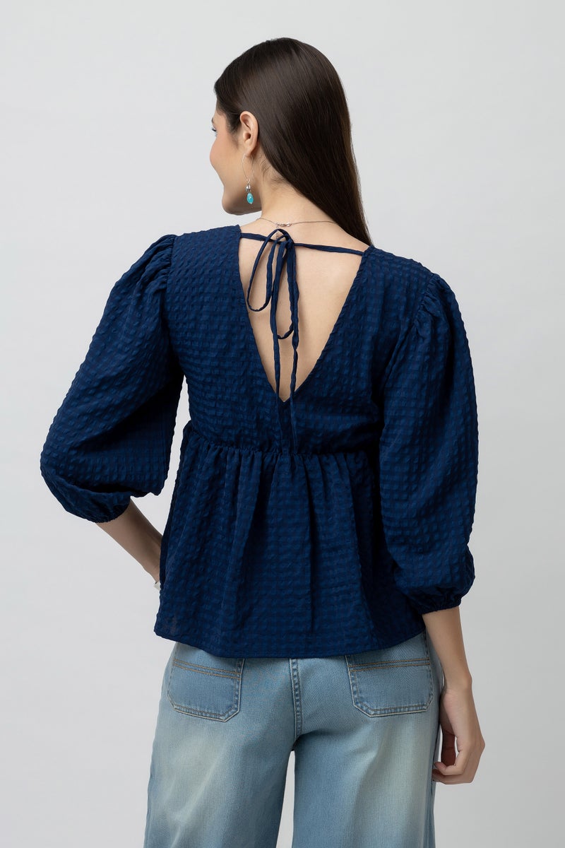 7OUNCE Blue Women's V-Neck Textured Peplum Top - Image 5